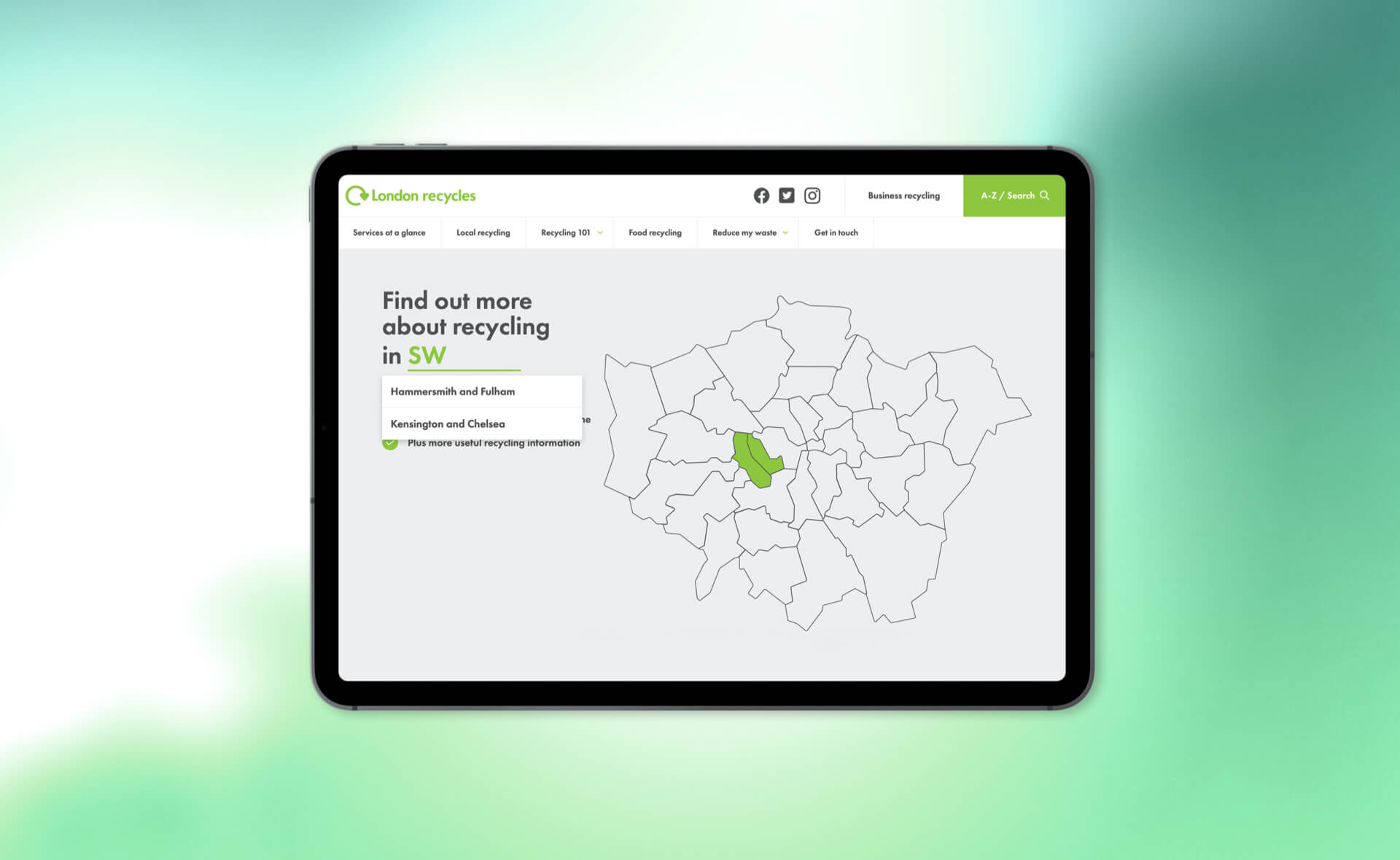 London Recycles website borough postcode search mockup on iPad