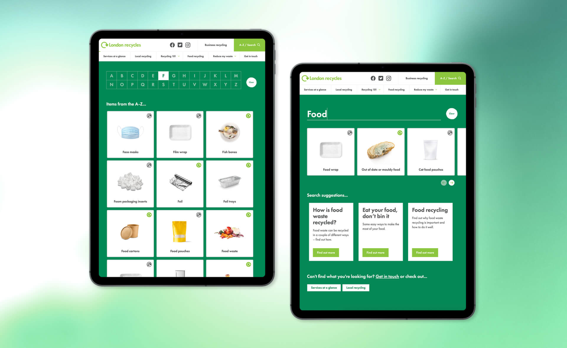 London Recycles website search function mockup on iPad