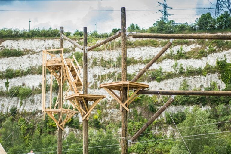 Skytrek, a 15-meter high wooden obstacle course is set against chalk cliffs at the Hangloose Adventure Bluewater, in Kent. 