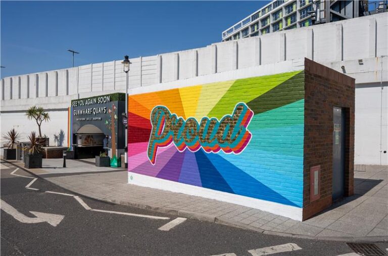 Pride Murals created by Fark FK (left) and The Frustrated Creative, Holly Milner (right) at Gunwharf Quays shopping centre
