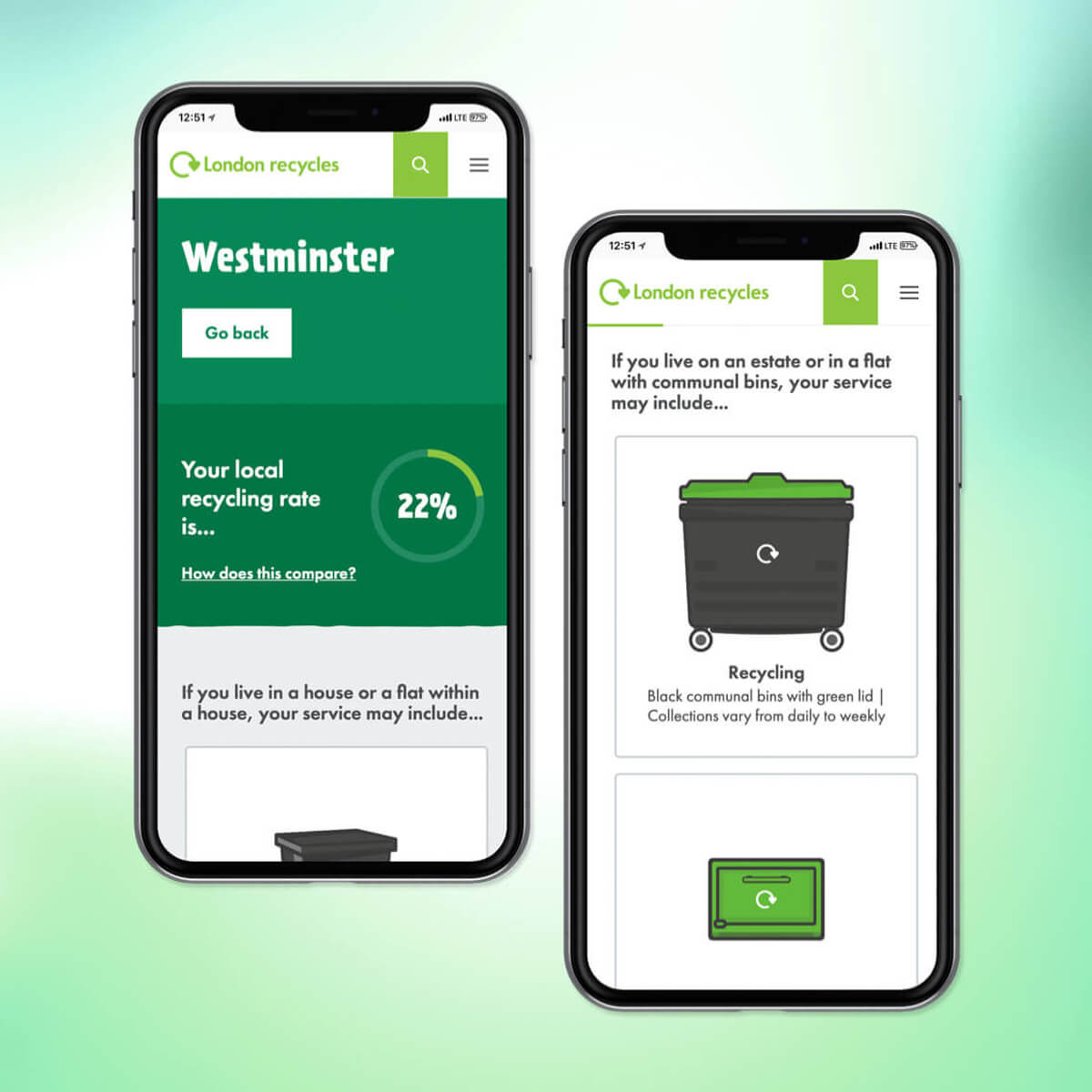 Image of responsive website design for phone and tablet for London Recycles.