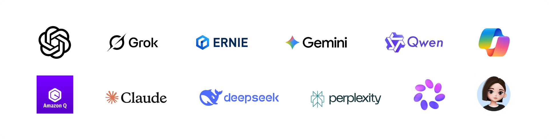 AI chatbot logos including ChatGPT, Grok, Ernie, Gemini, Copilot, Claude, deepseek, perplexity